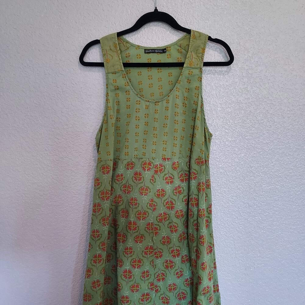 Gudrun Sjoden Moss Green Orange Floral Boho Sleeveless Scoop Neck Dress Size M - Picture 2 of 9
